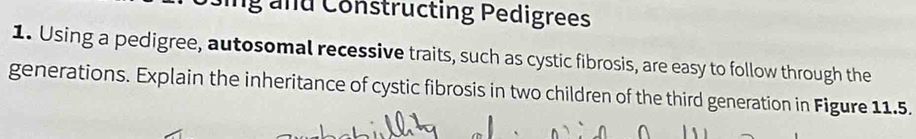 and Constructing Pedigrees 
1. Using a pedigree, autosomal recessive traits, such as cystic fibrosis, are easy to follow through the 
generations. Explain the inheritance of cystic fibrosis in two children of the third generation in Figure 11.5.