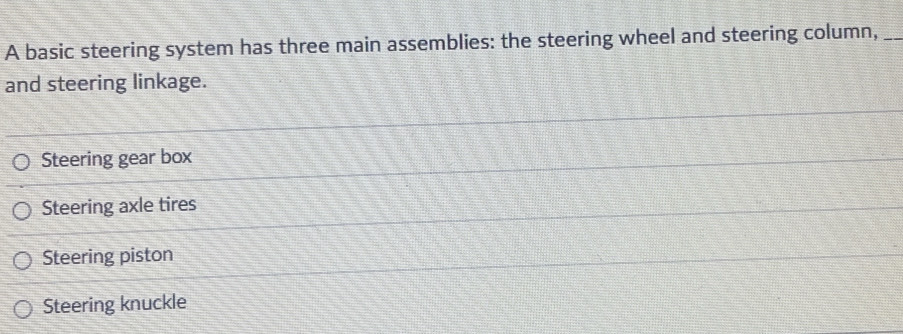 Solved: A basic steering system has three main assemblies: the steering ...