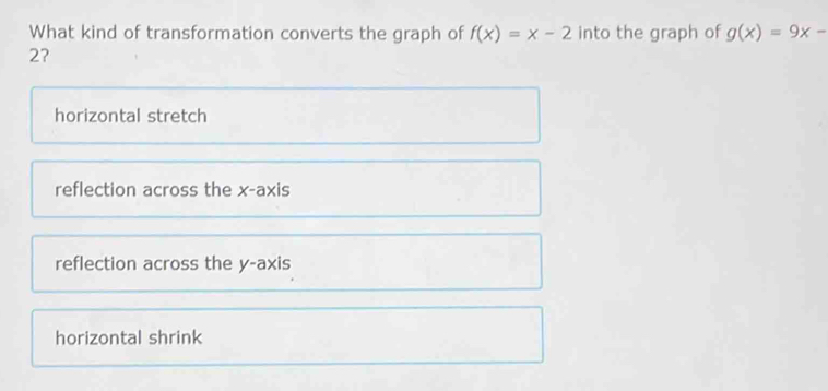 What kind of transformation converts the graph of f(x)=x-2 into the graph of g(x)=9x-
27
horizontal stretch
reflection across the x-axis
reflection across the y-axis
horizontal shrink