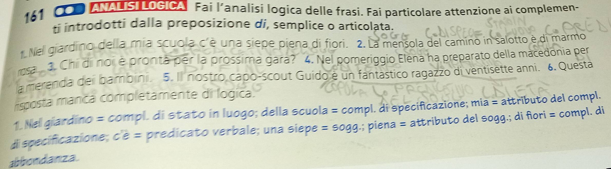 161 COD ANALISI LOGICA Fai l’analisi logica delle frasi. Fai particolare attenzione ai complemen- 
ti introdotti dalla preposizione di, semplice o articolata. 
1.Nel giardino della mia scuola c è una siepe piena di fiori. 2. La mensola del camino in salotto è di marmo 
rosa 3. Chi di noi é pronta per la prossima gara? 4. Nel pomeriggio Elena ha preparato della macedonia per 
la merenda dei bambini. 5. Il nostro capo-scout Guido é un fantástico ragazzo di ventisette anni. 6. Questa 
risposta manca completamente di logica. 
1. Nel giardino = compl. di stato in luogo; della scuola = compl. di specificazione; mia =at tributo del compl. 
dispecificazione; c'è = predicato verbale; una siepe =5099.; piena = attributo del sogg.; di fìori = compl. di 
abbondanza.