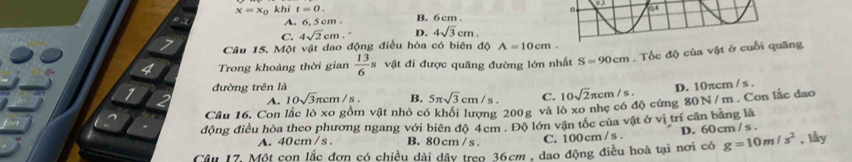 0,4
x=x_0 khí t=0. B. 6 cm.
A. 6, 5 cm
C. 4sqrt(2)cm. D. 4sqrt(3)cm. 
Câu 15. Một vật dao động điều hòa có biên độ A=10cm. 
Trong khoảng thời gian  13/6 s vật đi được quãng đường lớn nhất S=90cm. Tốc độ của vật ở cuối quãng
1 đường trên là
A. 10sqrt(3)π cm/s B. 5π sqrt(3)cm/s. C. 10sqrt(2)π cm/s. D. 10πcm / s.
Câu 16. Con lắc lò xo gồm vật nhỏ có khổi lượng 200g và lò xo nhẹ có độ cứng 80N/m. Con lắc đao
động điều hòa theo phương ngang với biên độ 4cm. Độ lớn vận tốc của vật ở vị trí cần băng là
C. 100cm /s.
A. 40cm/s. B. 80cm /s. g=10m/s^2
Câu 17. Một con lắc đơn có chiều dài dây treo 36cm , đạo động điều hoà tại nơi có D. 60 cm / s. , lấy