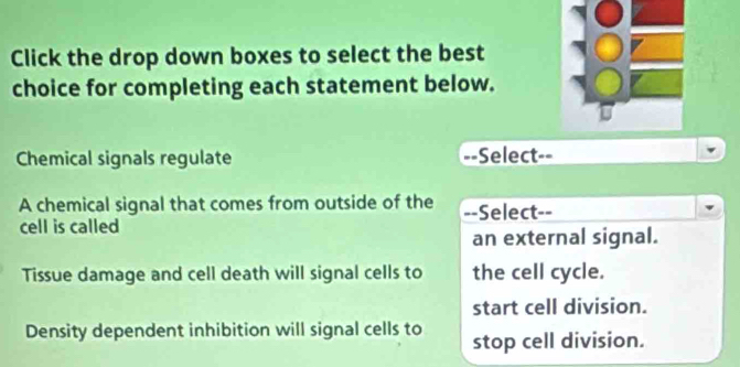 Click the drop down boxes to select the best
choice for completing each statement below.
Chemical signals regulate Select-=
A chemical signal that comes from outside of the
cell is called --Select--
an external signal.
Tissue damage and cell death will signal cells to the cell cycle.
start cell division.
Density dependent inhibition will signal cells to stop cell division.