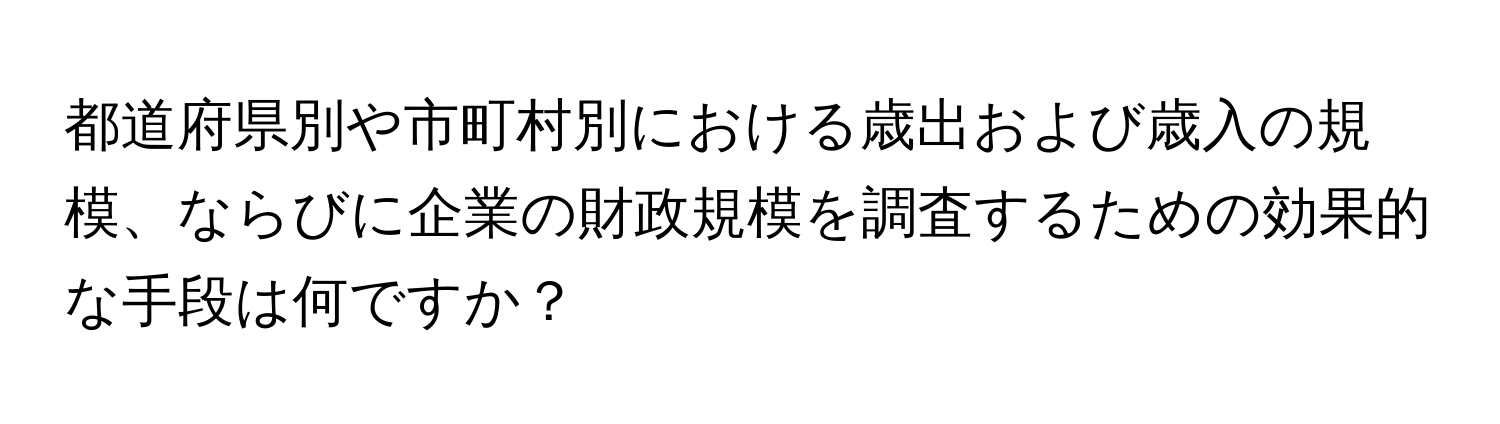 都道府県別や市町村別における歳出および歳入の規模、ならびに企業の財政規模を調査するための効果的な手段は何ですか？