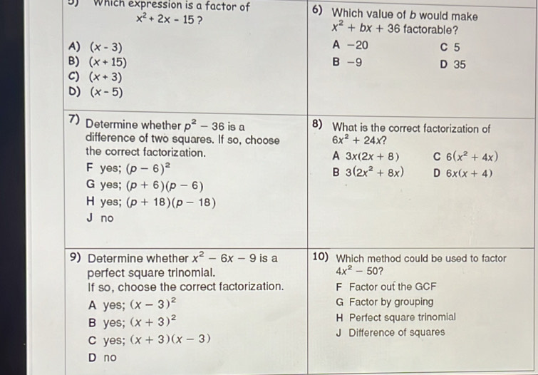 Which expression is a factor of 6) Which value of b would make
x^2+2x-15
D no