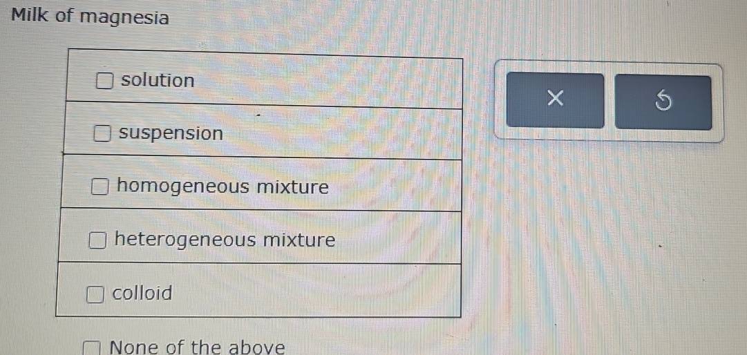 Milk of magnesia
×
6
None of the above