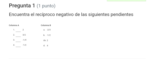 Pregunta 1 (1 punto) 
Encuentra el recíproco negativo de las siguientes pendientes