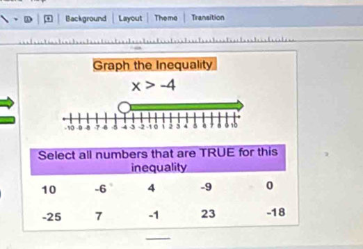 Background | Layout Theme Transition 
Graph the Inequality
x>-4
_