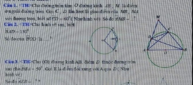 Cho đường tròn tâm O đường kinh AB 3 M là điểm 
ở ngoài đường tròn. Gọi C , D lần lượt là giao điểm của MB_  MA 
với đường tròn, biết sá eD=60° ( Như hình vẽ). Số đo overline AMB=_ ^circ  
Câu 2. Cho hình về sau, biết
BAD=130°
Sổ đo của BOD là _0 

Câu 3. Cho (O) đường kinh AB, điểm D thuộc đường tròn 
sao cho BBA=50°. Goi E là điểm đổi xứng với A qua D ( Như 
hình vē) 
Số đo overline AEB=9°?