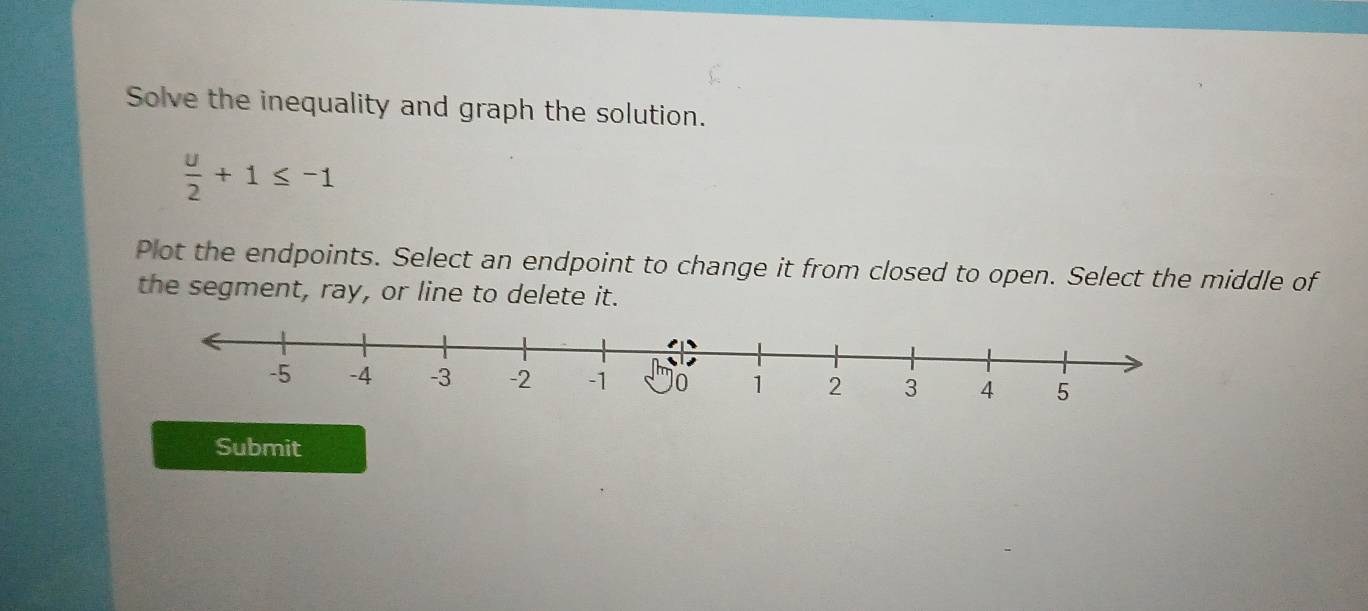 Solve the inequality and graph the solution.
 u/2 +1≤ -1
Plot the endpoints. Select an endpoint to change it from closed to open. Select the middle of 
the segment, ray, or line to delete it. 
Submit