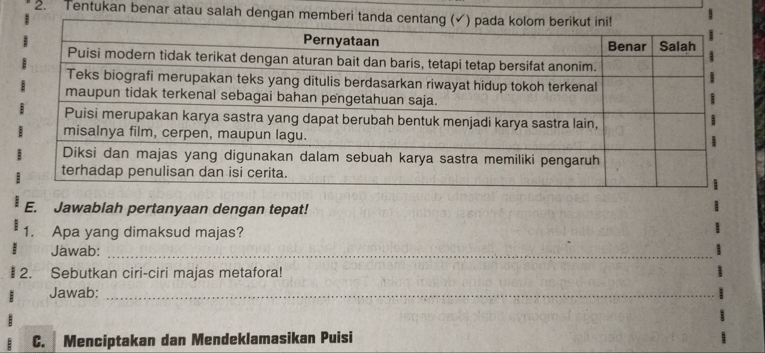 Tentukan benar atau salah dengan memberi 
E. Jawablah pertanyaan dengan tepat! 
1. Apa yang dimaksud majas? 
Jawab:_ 
_ 
2. Sebutkan ciri-ciri majas metafora! 
Jawab:_ 
C. Menciptakan dan Mendeklamasikan Puisi