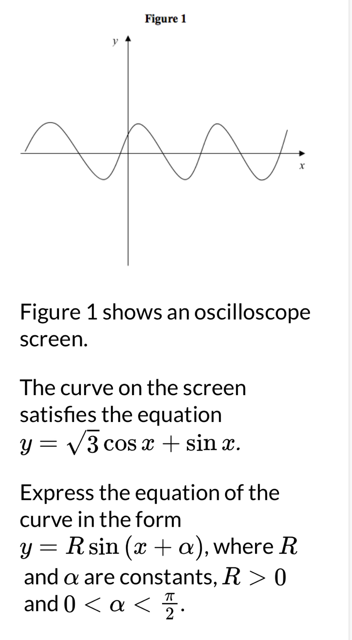 Figure 1 
Figure 1 shows an oscilloscope 
screen. 
The curve on the screen 
satisfes the equation
y=sqrt(3)cos x+sin x. 
Express the equation of the 
curve in the form
y=Rsin (x+alpha ) , where R
and α are constants, R>0
and 0 .