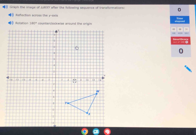 Graph the image of △ WXY after the following sequence of transformations:
0
Reflection across the y-axis Time 
Rotation 180° counterclockwise around the origin elapsed
00 0 31
HR MIN SEC 
SmartScore out of 100 9
0