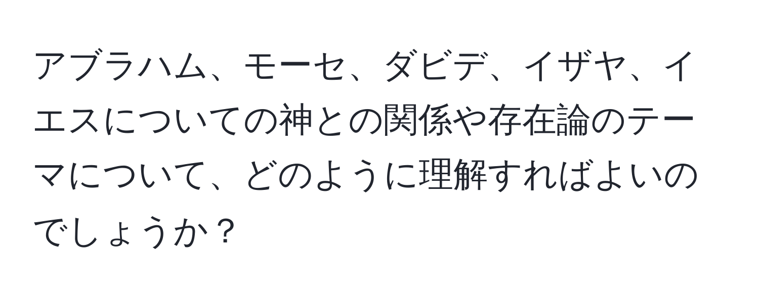 アブラハム、モーセ、ダビデ、イザヤ、イエスについての神との関係や存在論のテーマについて、どのように理解すればよいのでしょうか？