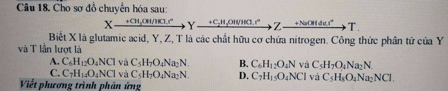 Cho sơ đồ chuyển hóa sau:
X_ +CH_3OH/HCl.t° Y +C_2H_5OH/HC1,t° Z_ +NaOHdu.t° to T 
Biết X là glutamic acid, Y, Z, T là các chất hữu cơ chứa nitrogen. Công thức phân tử của Y
và T lần lượt là
A. C_6H_12O_4NCl và C_5H_7O_4Na_2N. B. C_6H_12O_4N và C_5H_7O_4Na_2N.
C. C_7H_14O_4NCl và C_5H_7O_4Na_2N. D. C_7H_15O_4NCl và C_5H_8O_4Na_2NCl. 
Viết phương trình phản ứng