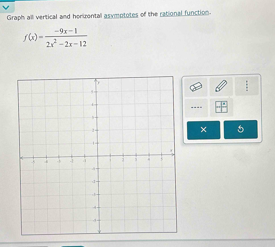 Graph all vertical and horizontal asymptotes of the rational function.
f(x)= (-9x-1)/2x^2-2x-12 
×