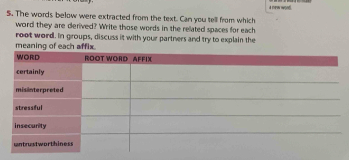 a new word. 
5. The words below were extracted from the text. Can you tell from which 
word they are derived? Write those words in the related spaces for each 
root word. In groups, discuss it with your partners and try to explain the 
meaning of each affix.