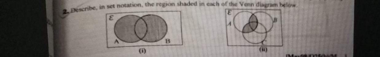 Describe, in set notation, the region shaded in each of the Venn diagram below. 
ε 
B 
A 
(i)