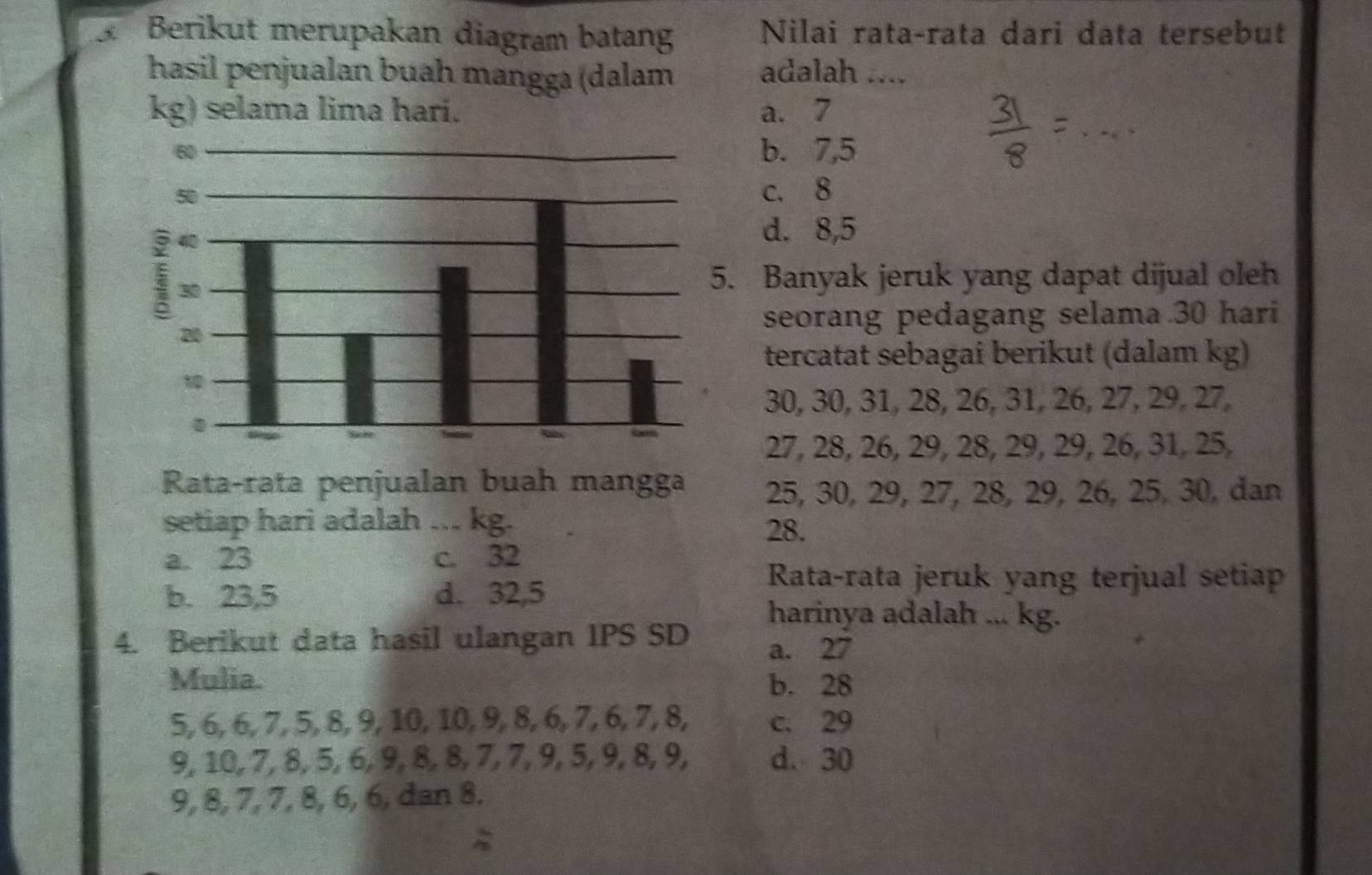 Berikut merupakan diagram batan Nilai rata-rata dari data tersebut
hasil penjualan buah mangga (dalam adalah ....
_
kg) selama lima hari. a. 7
b. 7,5
c. 8
d. 8,5
Banyak jeruk yang dapat dijual oleh
seorang pedagang selama 30 hari
tercatat sebagai berikut (dalam kg)
30, 30, 31, 28, 26, 31, 26, 27, 29, 27,
27, 28, 26, 29, 28, 29, 29, 26, 31, 25,
Rata-rata penjualan buah mangga 25, 30, 29, 27, 28, 29, 26, 25, 30, dan
setiap hari adalah ... kg. 28.
a. 23 c. 32
b. 23,5 d. 32, 5
Rata-rata jeruk yang terjual setiap
harinya adalah ... kg.
4. Berikut data hasil ulangan IPS SD a. 27
Mulia. b. 28
5, 6, 6, 7, 5, 8, 9, 10, 10, 9, 8, 6, 7, 6, 7, 8, c. 29
9, 10, 7, 8, 5, 6, 9, 8, 8, 7, 7, 9, 5, 9, 8, 9, d. 30
9, 8, 7, 7, 8, 6, 6, dan 8.