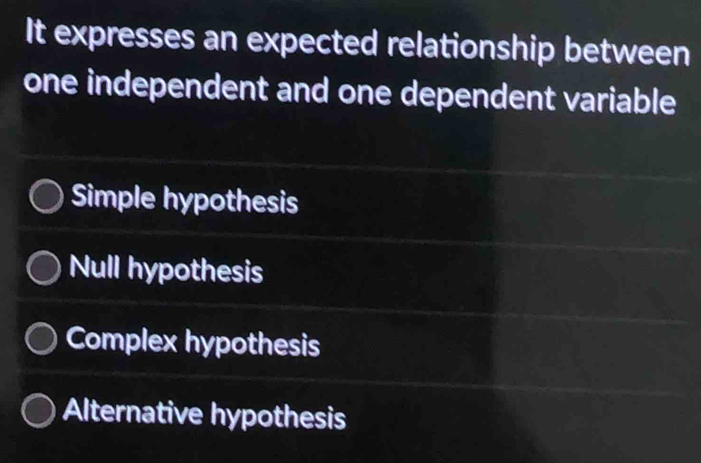 It expresses an expected relationship between
one independent and one dependent variable
Simple hypothesis
Null hypothesis
Complex hypothesis
Alternative hypothesis