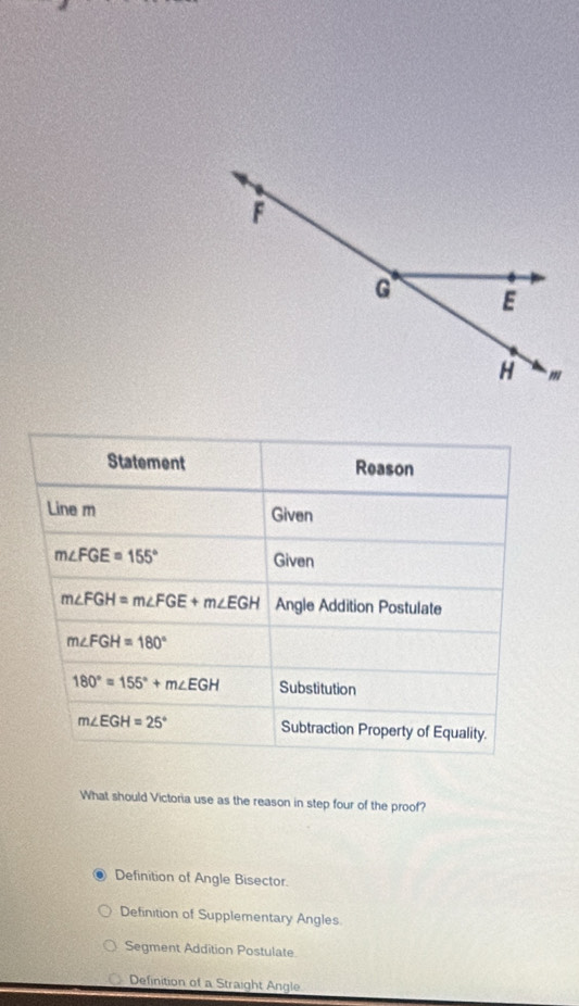 Statement Reason
Line m Given
m∠ FGE=155° Given
m∠ FGH=m∠ FGE+m∠ EGH Angle Addition Postulate
m∠ FGH=180°
180°=155°+m∠ EGH Substitution
m∠ EGH=25° Subtraction Property of Equality.
What should Victoria use as the reason in step four of the proof?
Definition of Angle Bisector.
Definition of Supplementary Angles
Segment Addition Postulate
Definition of a Straight Angle