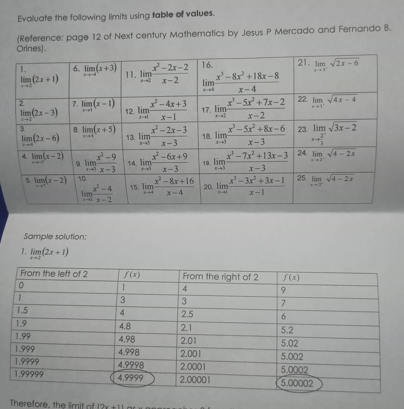 Evaluate the following limits using table of values.
(Reference: page 12 of Next century Mathematics by Jesus P Mercado and Fernando B.
Orines).
Sample solution:
1. limlimits _xto 2(2x+1)
Therefore, the limit of (2x+1)