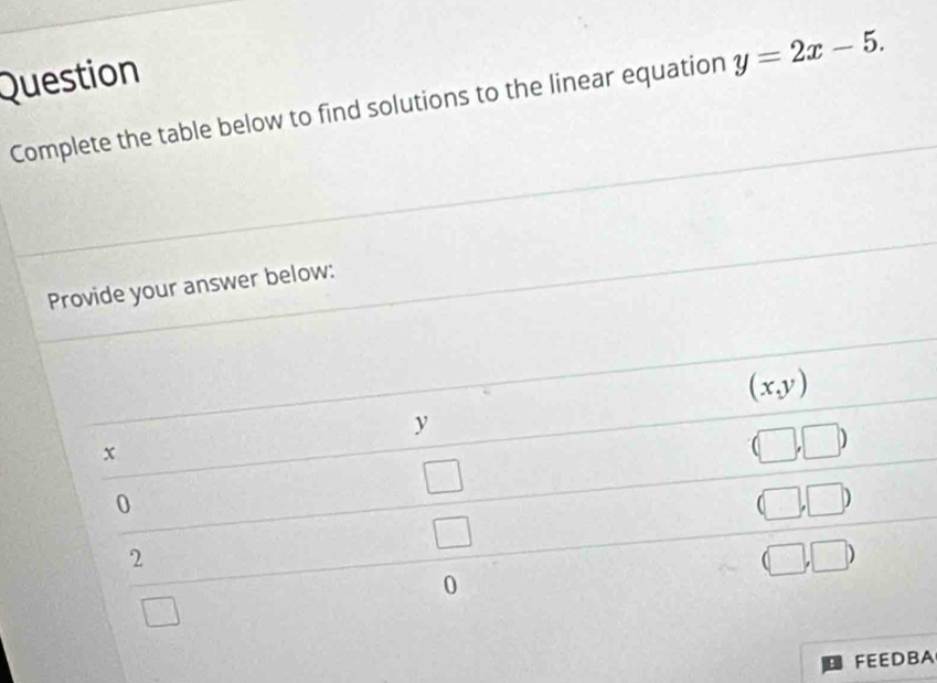 Question
Complete the table below to find solutions to the linear equation y=2x-5.
Provide your answer below:
FEEDBA