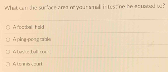 What can the surface area of your small intestine be equated to?
A football field
A ping-pong table
A basketball court
A tennis court