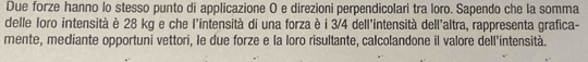 Due forze hanno lo stesso punto di applicazione O e direzioni perpendicolari tra loro. Sapendo che la somma 
delle loro intensità è 28 kg e che l'intensità di una forza è i 3/4 dell'intensità dell'altra, rappresenta grafica- 
mente, mediante opportuni vettori, le due forze e la loro risultante, calcolandone il valore dell'intensità.