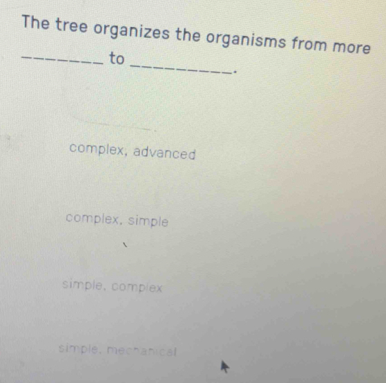 The tree organizes the organisms from more
_
_to
.
complex, advanced
complex, simple
simple, complex
simple, mechanical