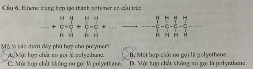 Ethene trùng hợp tạo thành polymer có cấu trúc....+beginarrayr H Cendarray beginarrayr H Cendarray beginarrayr H Cendarray +beginarrayr H Cendarray =beginarrayr H Cendarray +beginarrayr H Cendarray +......H Hendarray -beginarrayr HHH C-C-C-C-C-C-·s  H H HHHendarray
Mô tả nào dưới đây phù hợp cho polymer?
A. Một hợp chất no gọi là polyethane. B Một hợp chất no gọi là polyethene.
C. Một hợp chất không no gọi là polyethane. D. Một hợp chất không no gọi là polyethene.