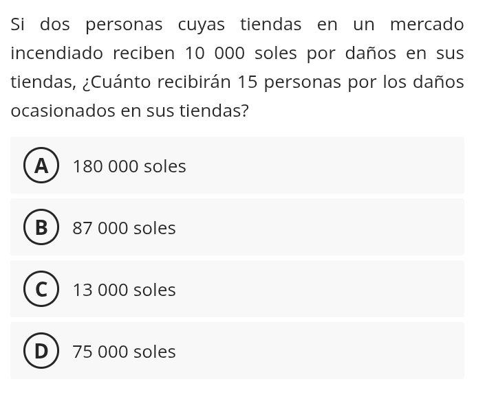 Si dos personas cuyas tiendas en un mercado
incendiado reciben 10 000 soles por daños en sus
tiendas, ¿Cuánto recibirán 15 personas por los daños
ocasionados en sus tiendas?
A 180 000 soles
B  87 000 soles
C  13 000 soles
D 75 000 soles