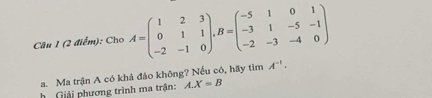 Cho A=beginpmatrix 1&2&3 0&1&1 -2&-1&0endpmatrix , B=beginpmatrix -5&1&0&1 -3&1&-5&-1 -2&-3&-4&0endpmatrix
a. Ma trận A có khả đảo không? Nếu có, hãy tìm A^(-1). 
ọ Giải phương trình ma trận: A. X=B