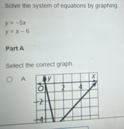 Solve the system of equations by graphing.
y=-5x
y=x-6
Part A
Select the correct graph.
A.