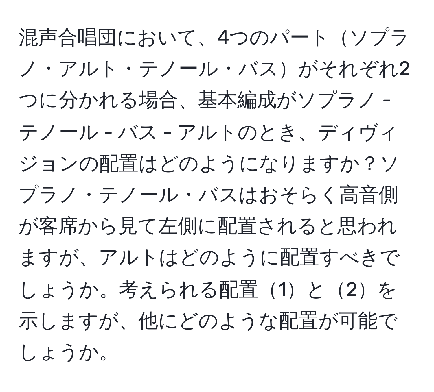 混声合唱団において、4つのパートソプラノ・アルト・テノール・バスがそれぞれ2つに分かれる場合、基本編成がソプラノ - テノール - バス - アルトのとき、ディヴィジョンの配置はどのようになりますか？ソプラノ・テノール・バスはおそらく高音側が客席から見て左側に配置されると思われますが、アルトはどのように配置すべきでしょうか。考えられる配置1と2を示しますが、他にどのような配置が可能でしょうか。