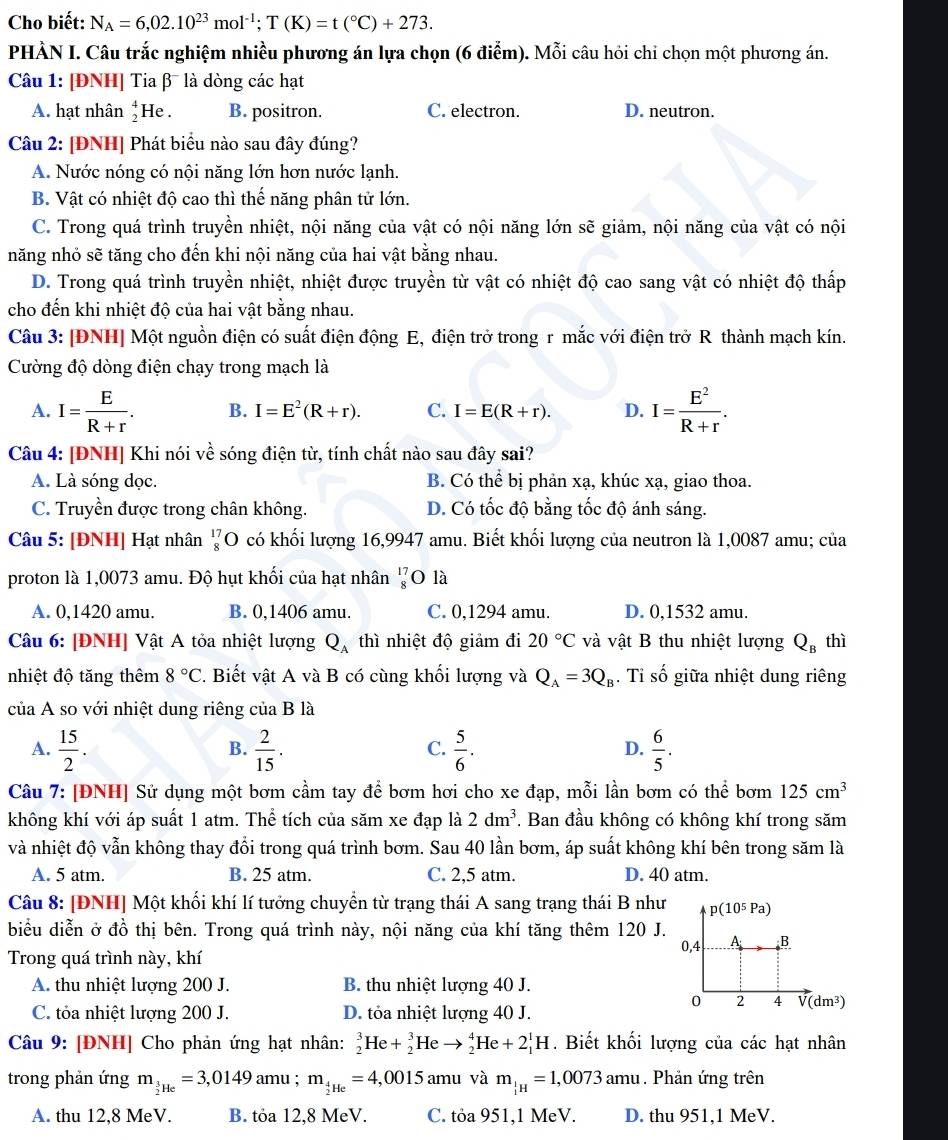 Cho biết: N_A=6,02.10^(23)mol^(-1);T(K)=t(^circ C)+273.
PHÀN I. Câu trắc nghiệm nhiều phương án lựa chọn (6 điễm). Mỗi câu hỏi chi chọn một phương án.
Câu 1: [ĐNH] Tia β¯ là dòng các hạt
A. hạt nhân beginarrayr 4 2endarray He . B. positron. C. electron. D. neutron.
Câu 2: [ĐNH] Phát biểu nào sau đây đúng?
A. Nước nóng có nội năng lớn hơn nước lạnh.
B. Vật có nhiệt độ cao thì thế năng phân tử lớn.
C. Trong quá trình truyền nhiệt, nội năng của vật có nội năng lớn sẽ giảm, nội năng của vật có nội
năng nhỏ sẽ tăng cho đến khi nội năng của hai vật bằng nhau.
D. Trong quá trình truyền nhiệt, nhiệt được truyền từ vật có nhiệt độ cao sang vật có nhiệt độ thấp
cho đến khi nhiệt độ của hai vật bằng nhau.
Câu 3: [ĐNH] Một nguồn điện có suất điện động E, điện trở trong r mắc với điện trở R thành mạch kín.
Cường độ dòng điện chạy trong mạch là
A. I= E/R+r . B. I=E^2(R+r). C. I=E(R+r). D. I= E^2/R+r .
Câu 4: [ĐNH] Khi nói về sóng điện từ, tính chất nào sau đây sai?
A. Là sóng dọc. B. Có thể bị phản xạ, khúc xạ, giao thoa.
C. Truyền được trong chân không. D. Có tốc độ bằng tốc độ ánh sáng.
Câu 5: [ĐNH] Hạt nhân beginarrayr 17 8endarray O có khối lượng 16,9947 amu. Biết khối lượng của neutron là 1,0087 amu; của
proton là 1,0073 amu. Độ hụt khối của hạt nhân "O là
A. 0,1420 amu. B. 0,1406 amu. C. 0,1294 amu. D. 0,1532 amu.
Câu 6: [ĐNH] Vật A tỏa nhiệt lượng Q_A thì nhiệt độ giảm đi 20°C và vật B thu nhiệt lượng Q_B thì
nhiệt độ tăng thêm 8°C 2. Biết vật A và B có cùng khối lượng và Q_A=3Q_B. Tỉ số giữa nhiệt dung riêng
của A so với nhiệt dung riêng của B là
A.  15/2 .  2/15 .  5/6 .  6/5 .
B.
C.
D.
Câu 7: [ĐNH] Sử dụng một bơm cầm tay để bơm hơi cho xe đạp, mỗi lần bơm có thể bơm 125cm^3
không khí với áp suất 1 atm. Thể tích của săm xe đạp là 2dm^3. Ban đầu không có không khí trong săm
và nhiệt độ vẫn không thay đổi trong quá trình bơm. Sau 40 lần bơm, áp suất không khí bên trong săm là
A. 5 atm. B. 25 atm. C. 2,5 atm. D. 40 atm.
Câu 8: [ĐNH] Một khối khí lí tưởng chuyển từ trạng thái A sang trạng thái B như p(10^5Pa)
biểu diễn ở đồ thị bên. Trong quá trình này, nội năng của khí tăng thêm 120 J. 0,4 A B
Trong quá trình này, khí
A. thu nhiệt lượng 200 J. B. thu nhiệt lượng 40 J.
0 2 4 V(dm^3
C. tỏa nhiệt lượng 200 J. D. tỏa nhiệt lượng 40 J.
Câu 9: [ĐNH] Cho phản ứng hạt nhân: _2^(3He+_2^3Heto _2^4He+2_1^1H. Biết khối lượng của các hạt nhân
trong phản ứng m_frac 3)2He=3,0149 amu ; m_ 4/2 He=4,0015 amu và m_ 1/1 H=1,0073an nu. Phản ứng trên
A. thu 12,8 MeV. B. tỏa 12,8 MeV. C. toa951 ,1 MeV. D. thu 951,1 MeV.