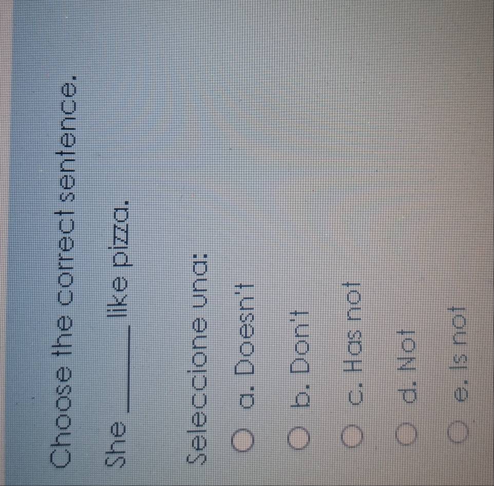 Choose the correct sentence.
She _like pizza.
Seleccione una:
a. Doesn't
b. Don't
c. Has not
d. Not
e. Is not