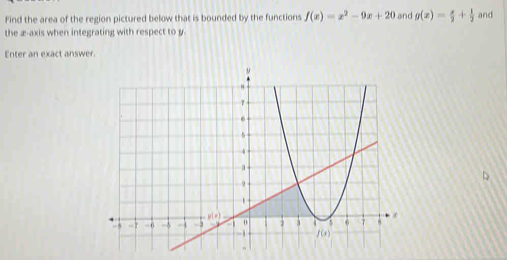 Find the area of the region pictured below that is bounded by the functions f(x)=x^2-9x+20 and g(x)= x/2 + 1/2  and
the æ-axis when integrating with respect to y.
Enter an exact answer.