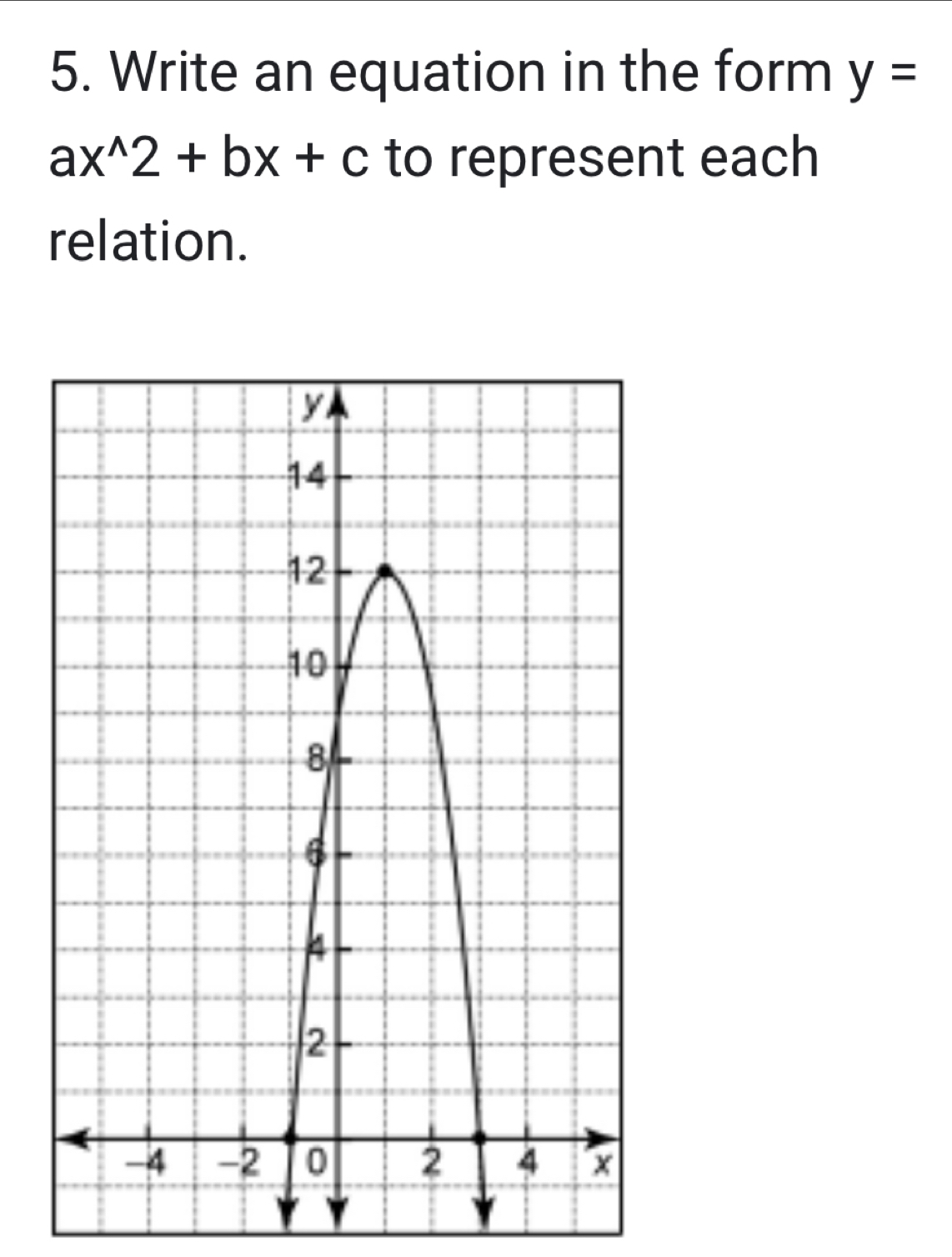 Write an equation in the form y=
ax^(wedge)2+bx+c to represent each 
relation.