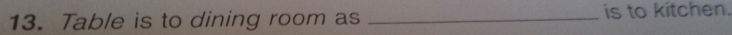 Table is to dining room as _is to kitchen.