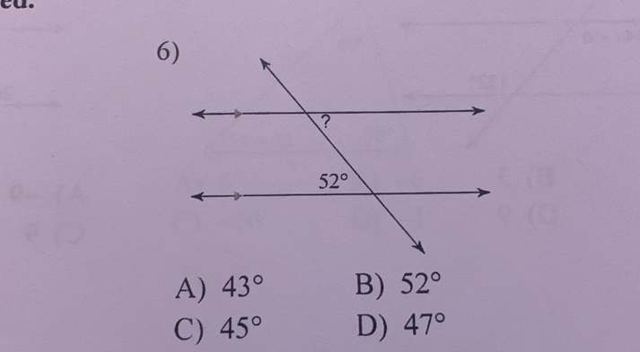 ca.
A) 43° B) 52°
C) 45° D) 47°