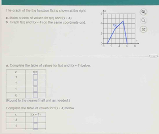 The graph of the the function f(x) is shown at the right.
a. Make a table of values for f(x) and f(x+4)
b. Graph f(x) and f(x+4) on the same coordinate grid. 
a. Complete the table of values for f(x) and f(x+4) below.
(Round to the nearest half unit as needed.)
Complete the table of values for f(x+4) below