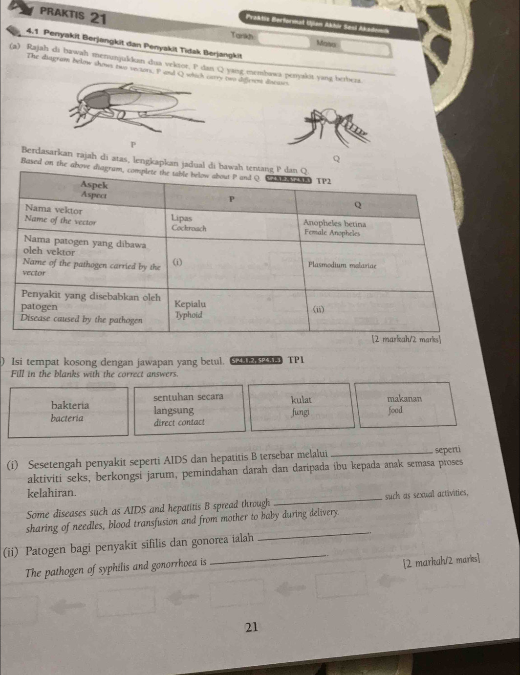 PRAKTIS 21
Praktiz Berformat Ujian Akhir Sesi Akaden
Tankh Masa
4.1 Penyakit Berjangkit dan Penyakit Tidak Berjangkit
(a) Rajah di bawah menunjukkan dua vektor, P dan Q yang membawa penyakit yang berbeza.
The diagram below shows two vectors, P ano different discases
Q
Berdasarkan rajah di atas, lengkapkan jadu
Based on the 
) Isi tempat kosong dengan jawapan yang betul. SP4.1.2, SP4.1.3 TP 1
Fill in the blanks with the correct answers.
sentuhan secara
kulat
bakteria makanan
langsung fungi food
bacteria
direct contact
(i) Sesetengah penyakit seperti AIDS dan hepatitis B tersebar melalui _seperti
aktiviti seks, berkongsi jarum, pemindahan darah dan daripada ibu kepada anak semasa proses
kelahiran.
Some diseases such as AIDS and hepatitis B spread through _such as sexual activities,
sharing of needles, blood transfusion and from mother to baby during delivery.
(ii) Patogen bagi penyakit sifilis dan gonorea ialah
_
The pathogen of syphilis and gonorrhoea is
_
[2 markah/2 marks]
21