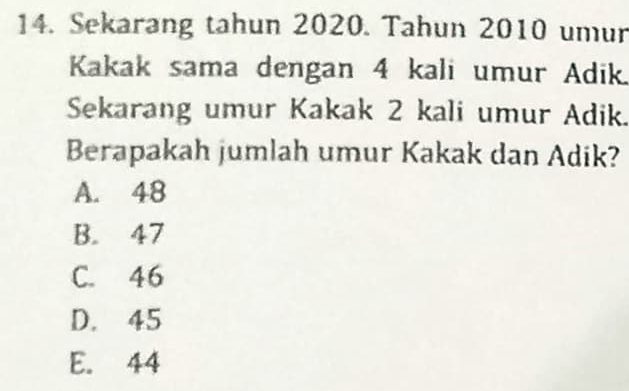 Sekarang tahun 2020. Tahun 2010 umur
Kakak sama dengan 4 kali umur Adik.
Sekarang umur Kakak 2 kali umur Adik.
Berapakah jumlah umur Kakak dan Adik?
A. 48
B. 47
C. 46
D. 45
E. 44