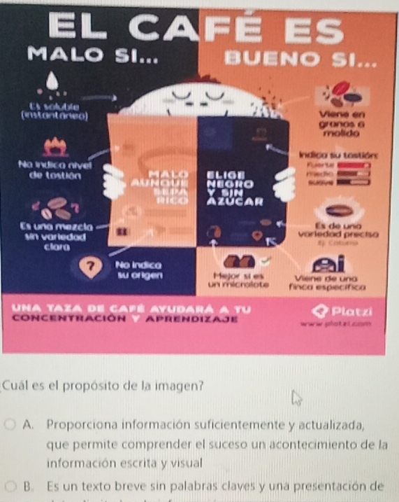 Cuál es el propósito de la imagen?
A. Proporciona información suficientemente y actualizada,
que permite comprender el suceso un acontecimiento de la
información escrita y visual
B. Es un texto breve sin palabras claves y una presentación de