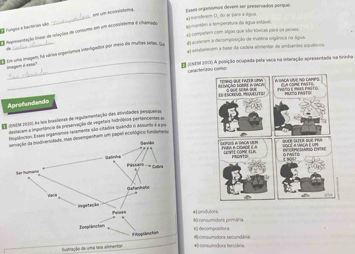 Fungos e bactérias são _em um ecossistema.
Esses organismos devem ser preservados porque:
a) transferem O, do ar para a água.
e) competem com algas que são tóxicas para os peixes.
Da Representação linear de relações de consumo em um ecossistema é chamado
b) mantêm a temperatura da água estável.
e) estabelecem a base da cadeia alimentar de ambientes aquáticos.
Em uma imagem, há vários organismos interligados por meio de muitas setas. Que d) aceleram a decomposição de matéria orgânica na água.
de
imagem é essa?
_EE (ENEM 2013) A posição ocupada pela vaca na interação apresentada na tirinha
_
caracterizou como:
Aprofundando
(ENEM 2020) As leis brasileiras de regulamentação das atividades pesqueiras
destacam a importância da preservação de vegetais hidróbios pertencentes ao
âncton. Esses organismos raramente são citados quando o assunto é a pre-
empenham um papel ecológico fundamental

a) produtora.
b) consumidora primária.
c) decompositora.
d) consumidora secundária
Ilustração de uma teia alimentar
e) consumidora terciária