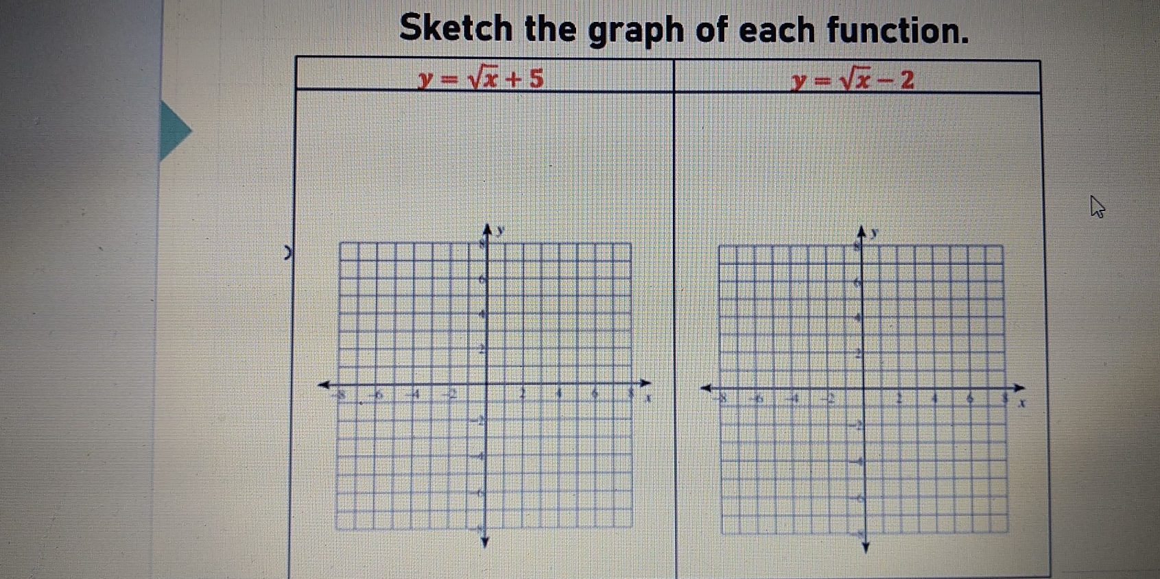 Sketch the graph of each function.
y=sqrt(x)+5
y=sqrt(x)-2
)