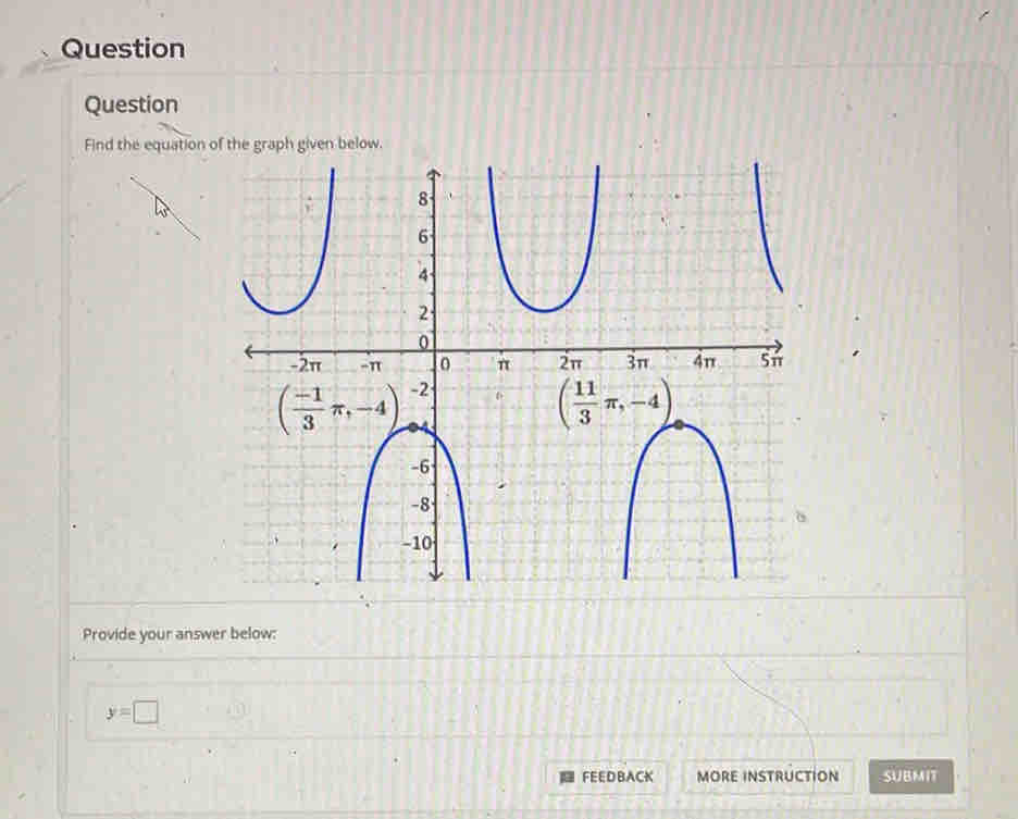 Question
Question
Find the equation
Provide your answer below:
y=□
FEEDBACK MORE INSTRUCTION SUBMIT