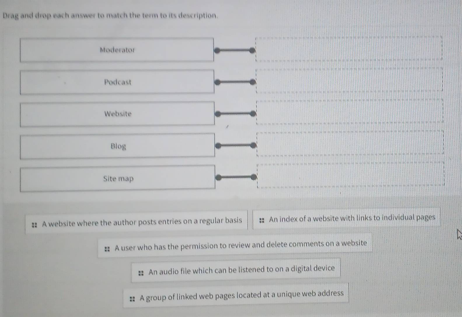 Drag and drop each answer to match the term to its description.
Moderator
Podcast
Website
Blog
Site map
= A website where the author posts entries on a regular basis An index of a website with links to individual pages
A user who has the permission to review and delete comments on a website
An audio file which can be listened to on a digital device
A group of linked web pages located at a unique web address