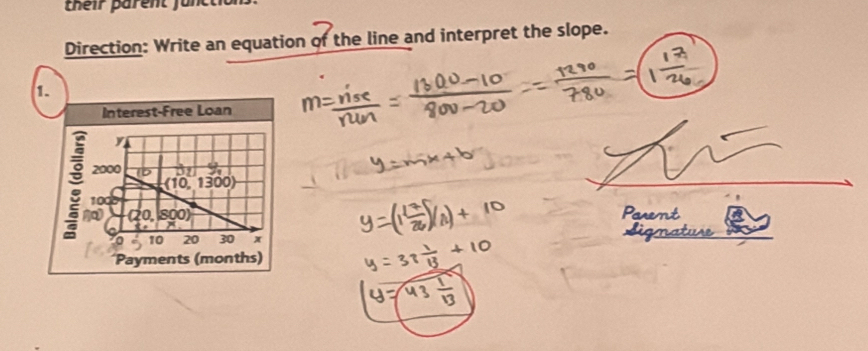 their parent functio 
Direction: Write an equation of the line and interpret the slope. 
1. 
Interest-Free Loan
y
2000
: 1000
(10, 1300)
20, 800) 
a 10 20 30 x
Payments (months)