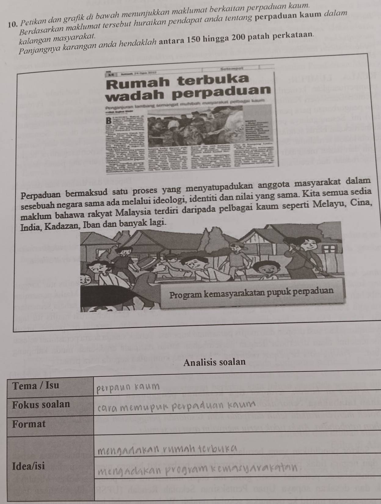 Petikan dan grafik di bawah menunjukkan maklumat berkaitan perpaduan kaum. 
Berdasarkan maklumat tersebut huraikan pendapat anda tentang perpaduan kaum dalam 
kalangan masyarakat. 
Panjangnya karangan anda hendaklah antara 150 hingga 200 patah perkataan. 
Rumah terbuka 
wadah perpaduan 
Penganjoram lambung somángat mutta ejariut pelbagai kaun 
B 
Perpaduan bermaksud satu proses yang menyatupadukan anggota masyarakat dalam 
sesebuah negara sama ada melalui ideologi, identiti dan nilai yang sama. Kita semua sedia 
maklum bahawa rakyat Malaysia terdiri daripada pelbagai kaum seperti Melayu, Cina, 
India, Kad 
Analisis soalan 
Tema / Isu 
perpaun kaum 
Fokus soalan cara memupu * p a a Ka m 
Format 
Idea/isi